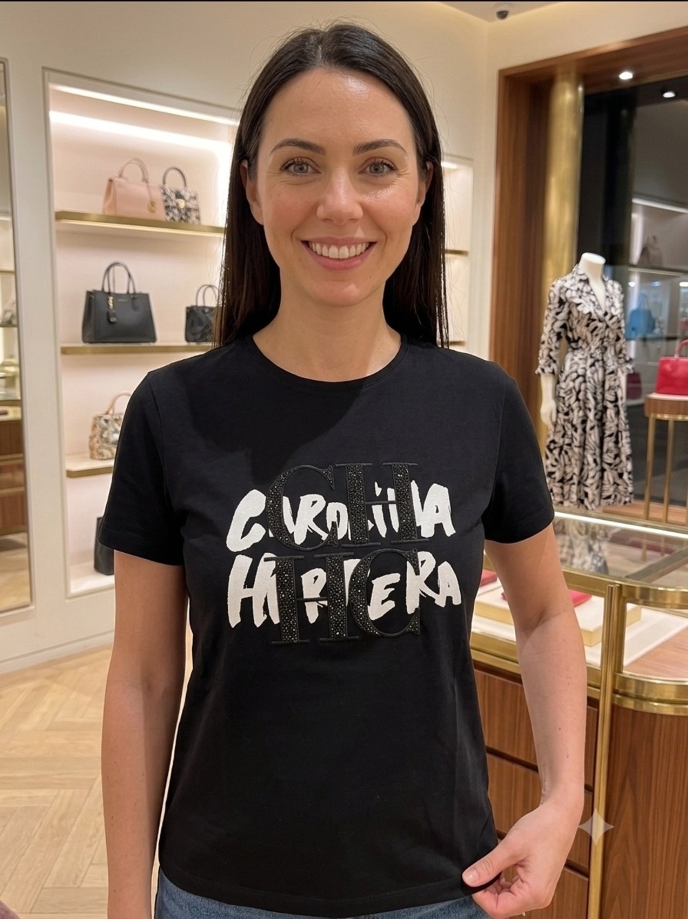 Carolina Herrera Black Graphic Logo Tee with White Script